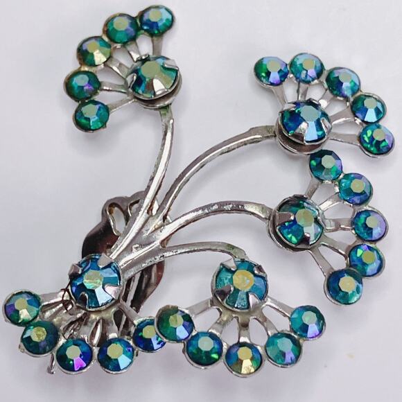 VTG Mid Century Peacock Blue AB Rhinestone Silver Tone Clip On Atomic Earrings - Picture 6 of 10